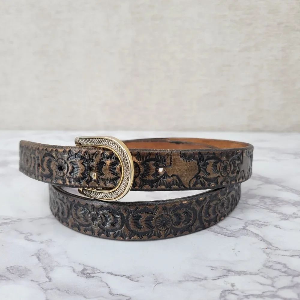 Vintage Brown Texas Embossed Leather Belt with Gold Toned Buckle